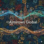 Almirows Global yazılı bir görsel; ortasında mavi küresel bir dünya simgesi yer alıyor. Arka planda geleneksel Slav desenleri ve sıcak bej tonları bulunuyor. Alt kısımda kırmızı, mavi ve altın renklerde Kiril harfleri “A, Я, Б” görülüyor.