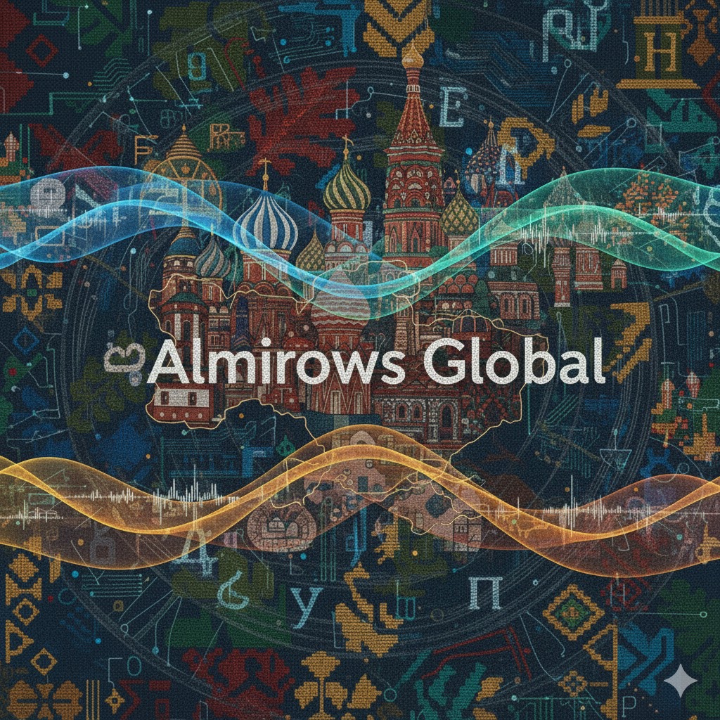 Almirows Global yazılı bir görsel; ortasında mavi küresel bir dünya simgesi yer alıyor. Arka planda geleneksel Slav desenleri ve sıcak bej tonları bulunuyor. Alt kısımda kırmızı, mavi ve altın renklerde Kiril harfleri “A, Я, Б” görülüyor.