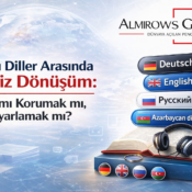 Almirows Global Tercüme Bürosu tarafından hazırlanan çok dilli tercüme hizmetlerini anlatan görsel; Almanca, İngilizce, Rusça ve Azerice dillerinde anlamı koruma ve uyarlama teması.